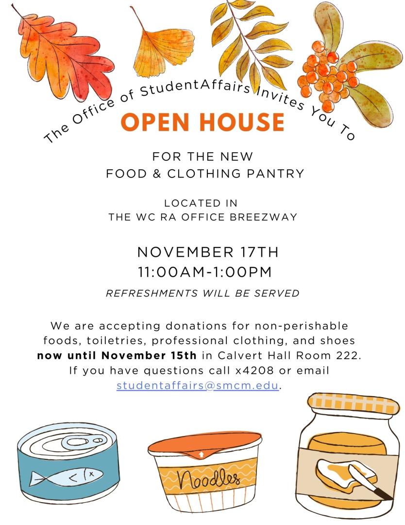 Food and Clothing Pantry Open House November 17th St. Marys College
